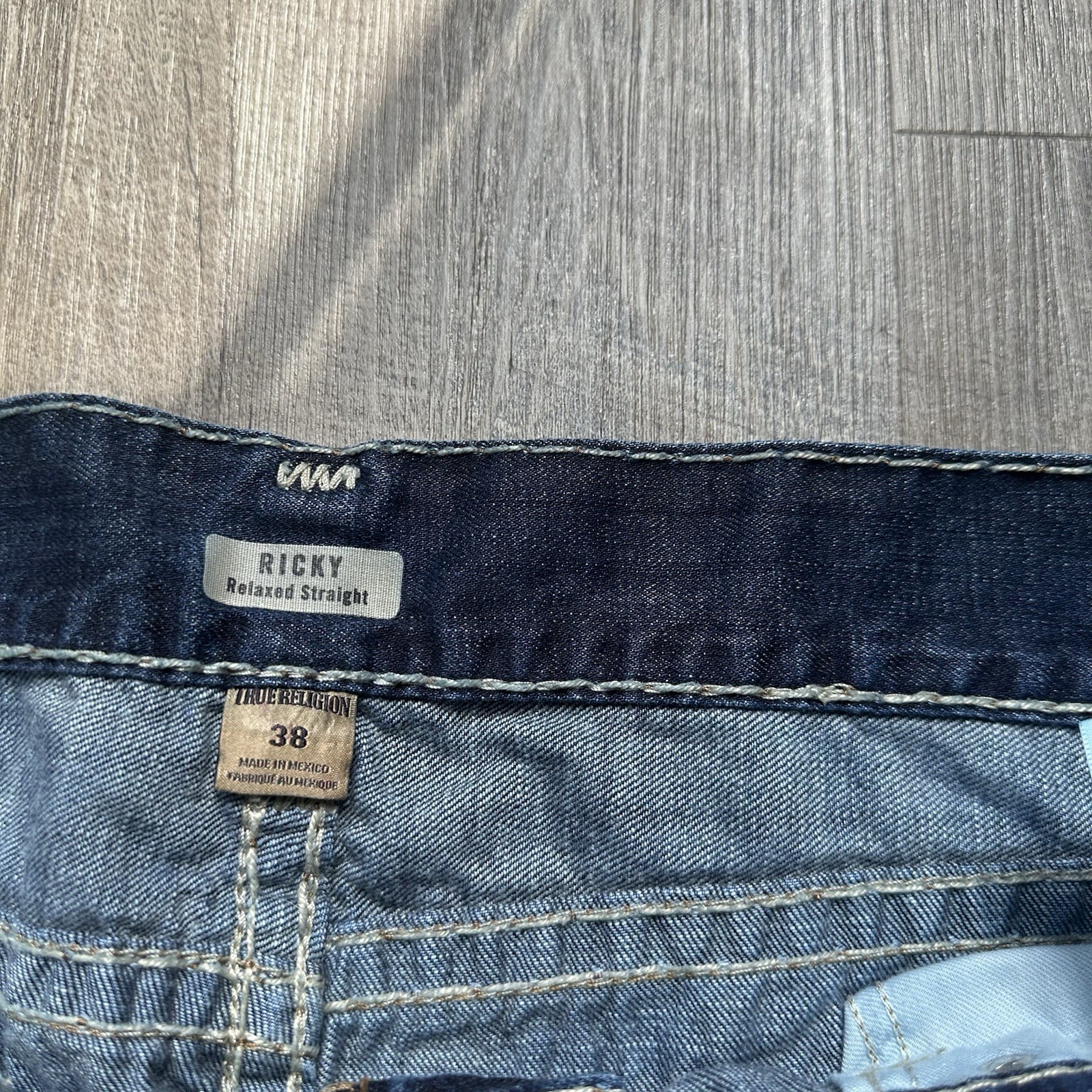 True Religion Jeans Mens 38x32 Blue Ricky Big T Flap Pocket Thick Stitch Y2K Mb3 image 8