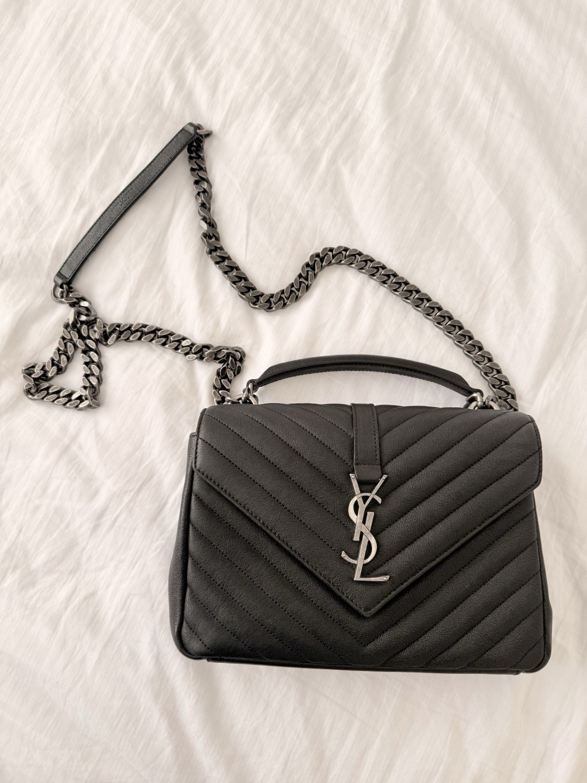 Saint Laurent College Silver Hardware Shoulder Bag Medium Black Leather