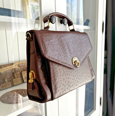 Vtg PARIS ROMA TOKYO Ostrich Faux Leather Brown Bag, Business, Umbrella