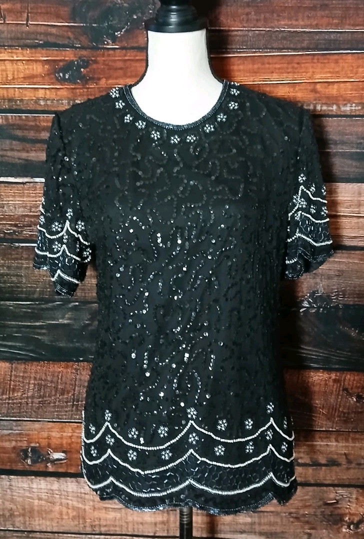 Laurence Kazar Vintage Top Size M 100% Silk Beaded Sequin Black Lined Blouse 