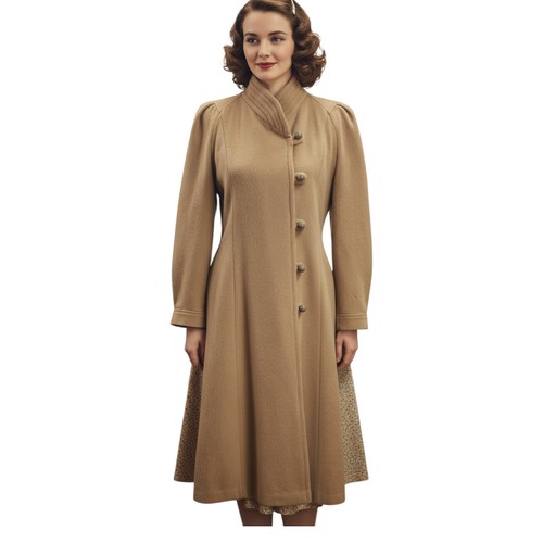 Vintage 50s 60s Wool Coat Womens S Tan Union Made USA Midi Button Front Jill Jr.
