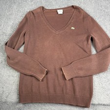 Lacoste Mens V-Neck Sweater Brown Long Sleeve Logo Knit Pullover Size 44