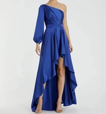 Mac Duggal Blue One-Shoulder Long Sleeve High-Low Formal Evening Gown Dress Sz 0