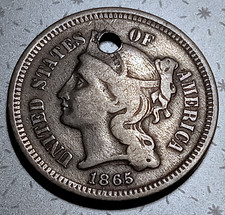🍒 1865 Three Cent Nickel – HOLED – Civil War Era US Coin