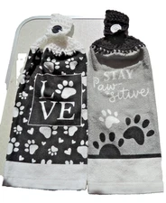 2 Crochet Top  Kitchen Towels ~  dog theme - gray, white and blac.          #!30