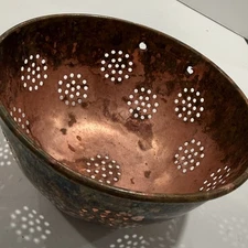 Antique European Hand Hammered Copper Colander Strainer Bowl Rustic Farmhouse