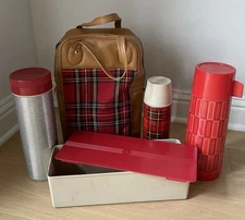 Vintage Thermos Brand Bundle Picnic Set -Red Plaid Bag-3 Thermos & Lunch Box