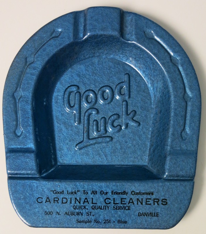 Ashtray GOOD LUCK Horseshoe Embossed Tin Advertising Salesman Sample VINTAGE 50s