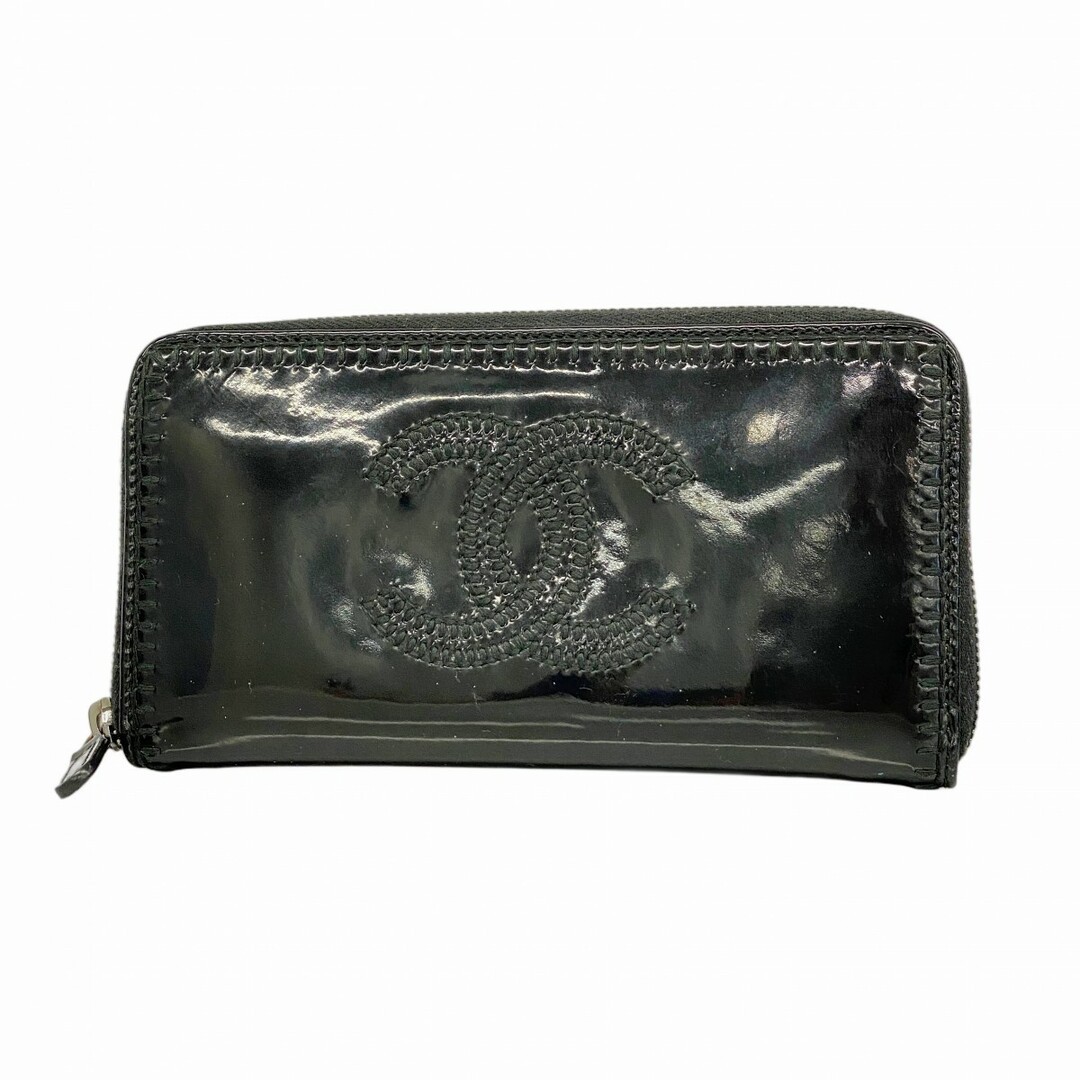Chanel Black Patent Leather Long Wallet with Silver Metal Fitting 5Ge6588-H Used Women