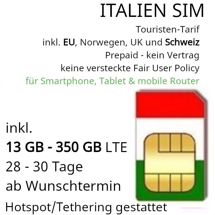 ITALIEN SIM für Touristen und 13 GB - 350 GB LTE (28 Tage ab Wunschdatum) - Bild 1 von 1