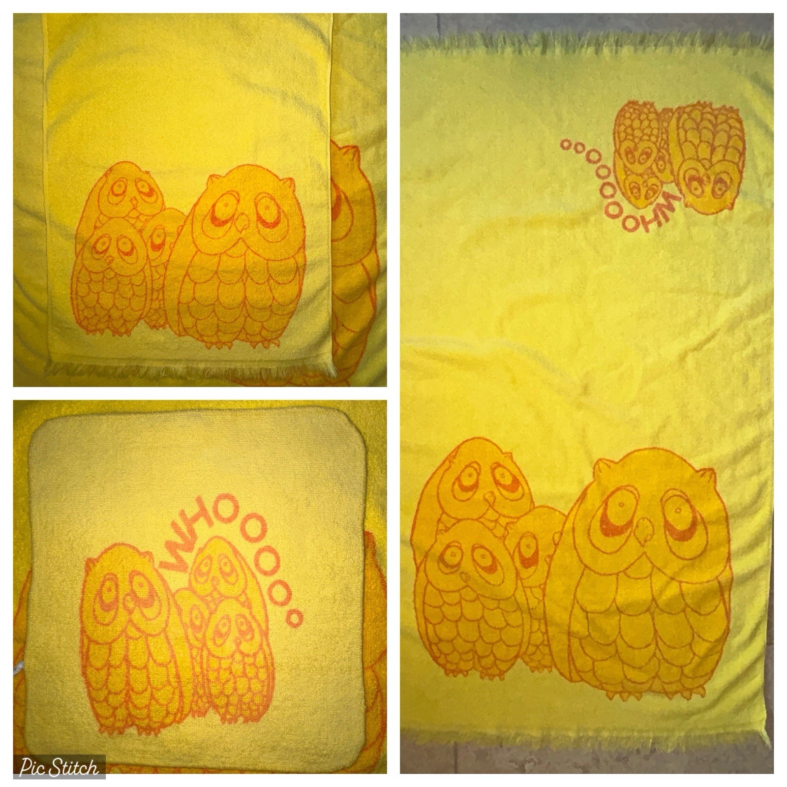 Vtg Set 3 Owl "Whoooo" Stevens Utica Yellow Bath, Wash, Hand  Fringe 100% Cotton