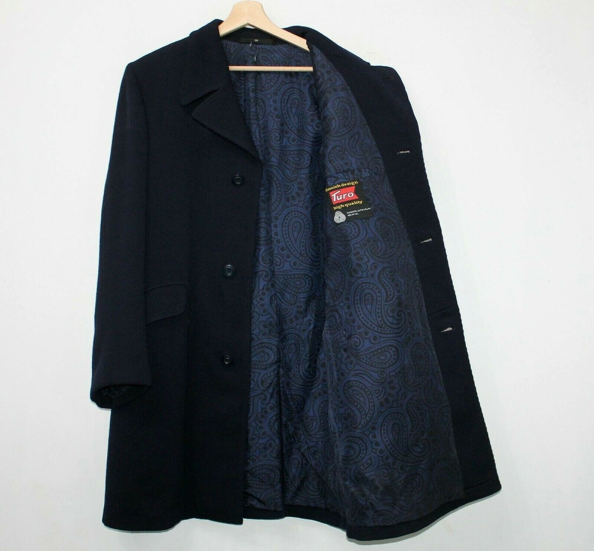 90s Vintage TURO FINLAND Wool Coat Overcoat Dark Navy Stripped 