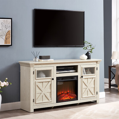 Farmhouse TV Stand Media Console Cabinet w/ 18'' Fireplace for TV Up to 65''