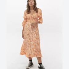 Faithfull the Brand Anthropologie Nora Orange Smocked Floral Midi Dress Size M