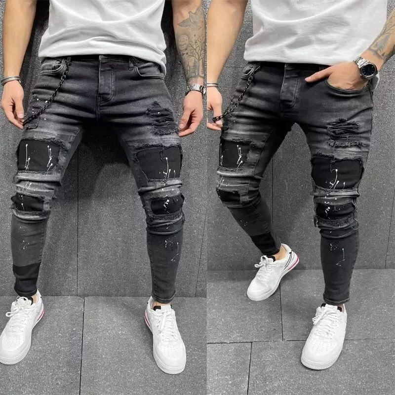 Men's Graffiti Ripped Pants Elegant Fashion Casual Slim Jeans