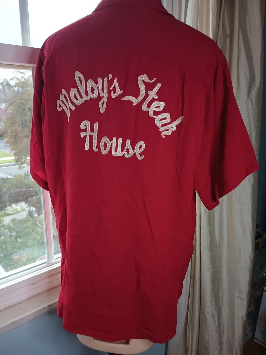 Vtg TenStrike King Louie red rayon bowling shirt CHIEF Maloys