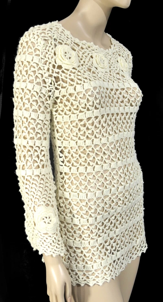 Vintage 70s LeRoy Sweater Sexy Hollow Cut Out Fishnet Flower Bell Mod Go Go M - Image 4 of 4