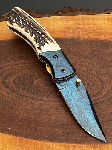 Custom Handmade 8" Folding Knife Stag Handle With Anodized Blade , Pocket Knife. - Picture 2 of 9