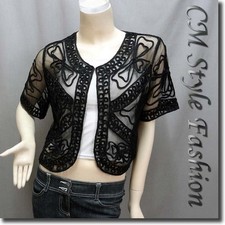 Chic Applique Embroidery Mesh Shrug Bolero Top Black L XL