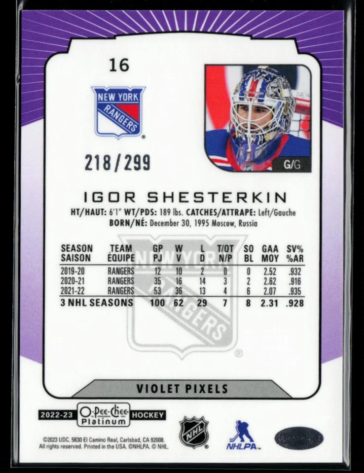 2022-23 O-Pee-Chee Platinum Violet Pixels #16 Igor Shesterkin 218/299 - Image 2 of 2