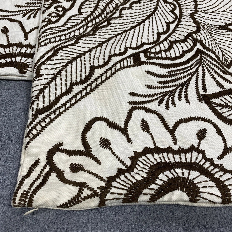 Pottery Barn Pillow Covers 20x20 Brown Cream Floral Embroidery Accent Throw (2) - Image 4 of 4