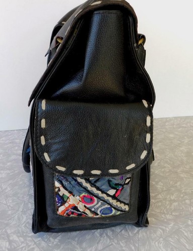 Vintage Addiction Black Leather & Vintage Fabric Laptop Tote Bag NWT OOAK New - Picture 7 of 10