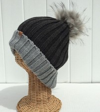 Winter Two-Tone Rib Knitted Ski Beanie Hat Charcoal gray with FAUX FUR POM E