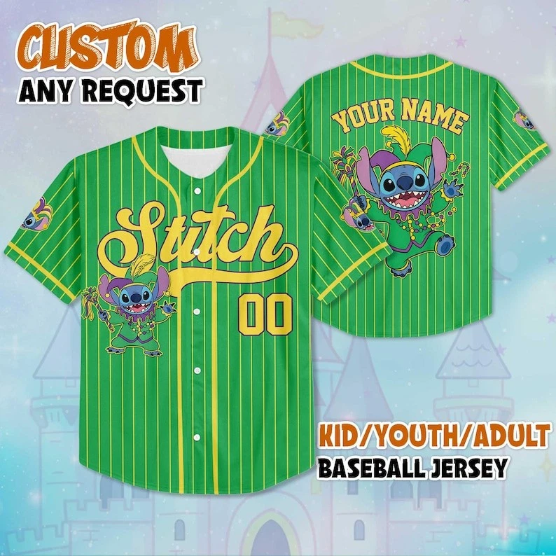 Personalized Funny Stitch Mardi Gras New Orleans Green Baseball Jersey Shirt