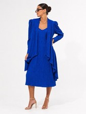 Vintage David Rose 80s Electric Blue Crinkle Dress Jacket Set Size 8 Made USA