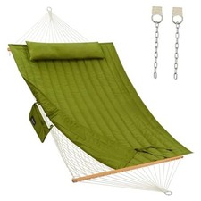 Outdoor Double Hammock with Hardwood Spreader Bars, Large Rope Hammock Green