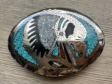 Vintage Indian Chief Belt Buckle Native American Turquoise Coral Inlay