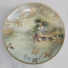 Maple Leaf Nippon Hand Painted 9 7/8" Plate Gold Enameled Gilding Lake Scene