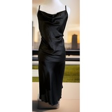 Y2K Bebe Black Slip Dress L Babydoll Nightgown Midi Satin Gothic Glam Sexy USA