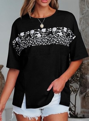 EVALESS Oversized Tshirts  Women Crewneck  Short Sleeve Floral Black  XL
