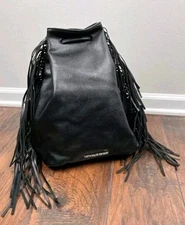 Victoria's Secret Drawstring Blk Faux Leather Backpack Fringe Cinch Bag NWTs