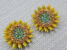 Vintage LUNCH AT RITZ CLIP EARRINGS Enamel Rhinestone YELLOW SUNFLOWERS