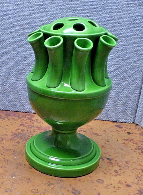 Large Vintage Bassano Pottery Green Tulipiere Vase Flower Frog Top C2