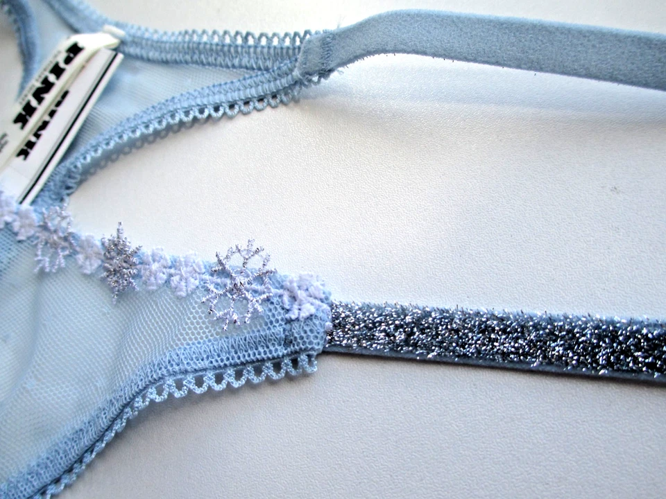 VICTORIA'S SECRET розовый высоты ноги стринги трусики против ледяной синий сетки S M снежинка блеск - Изображение 3 из 4