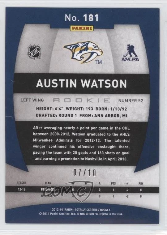 2013-14 Totally Certified Mirror Platinum Blue /10 Austin Watson #181 Rookie RC - Image 2 of 2
