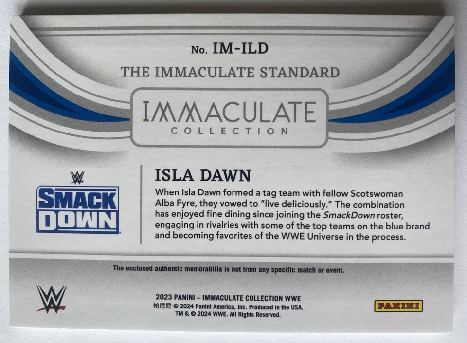 2023 Immaculate WWE Isla Dawn /99 Jumbo Patch Smack Down - Image 2 of 3