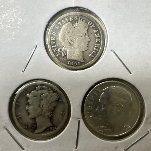 3 Silver Dimes 1899, 1934, 1952