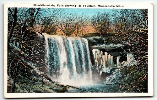 Postal Minnehaha Falls mostrando fuente de hielo Minnesota MN UNP borde blanco - Imagen 1 de 2