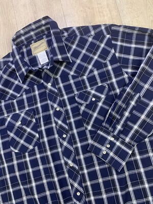 #ad Wranglers Western Shirts Pearl Snap 2XL Blue Plaid Long Sleeve Button Up Pockets $11.28