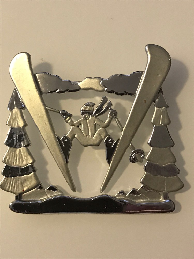 Vintage Silver-Toned Skier Winter Sports Pin Brooch with Matte Trees  