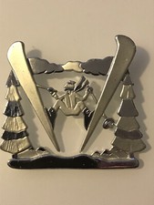 Estate Silver Tone Skier Winter Sports Pin Brooch Matte Polished Trees