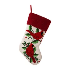 Glitzhome Cardinals Christmas Holiday Hooked Stocking Ivory Red Green 21 in New