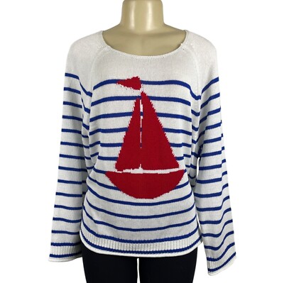 Loft Womens Striped White and Blue Sweater With Red Sailboat Size M - New