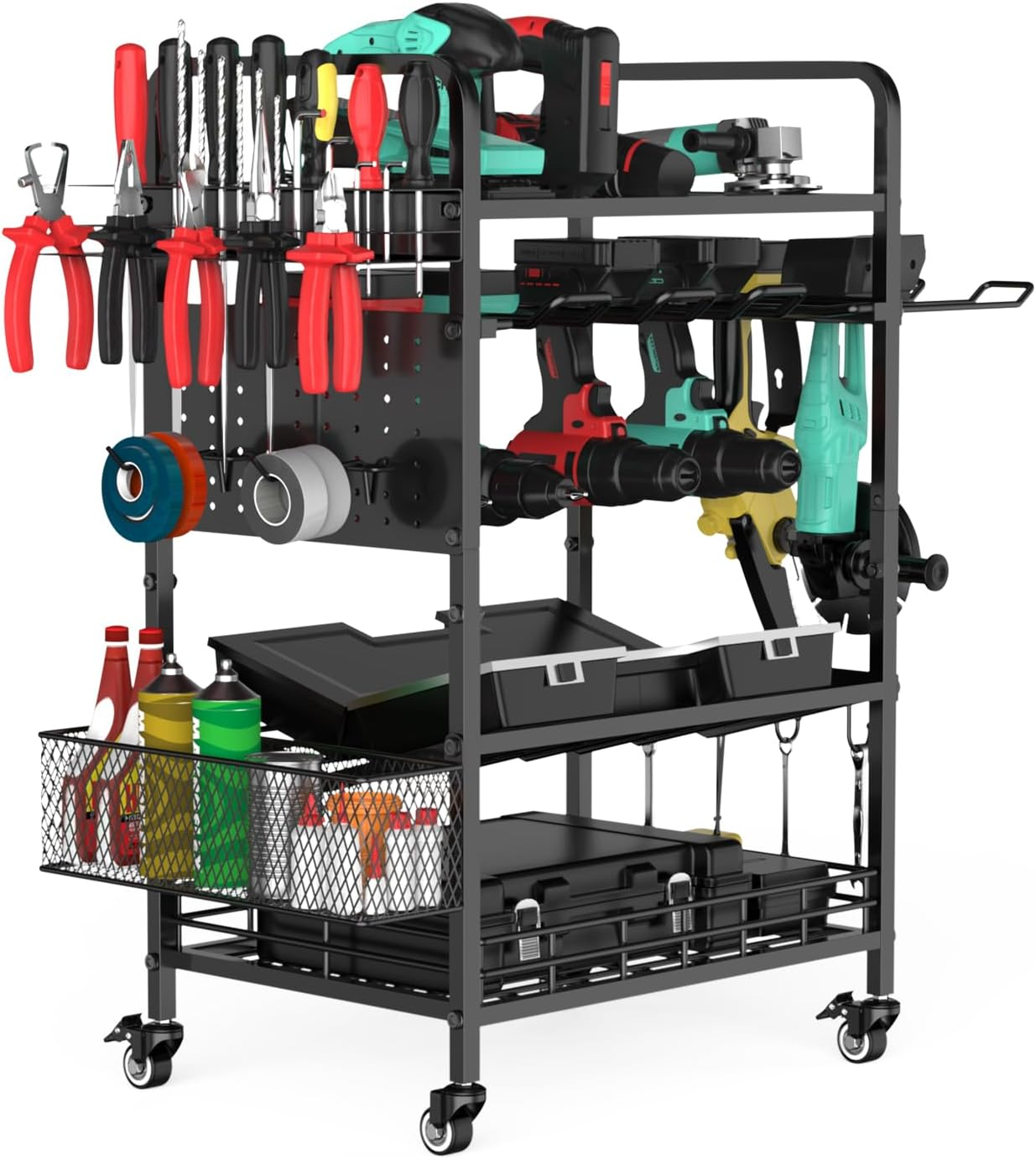 Power Tool Organizer Garage Storage 6 Drill Tool Holder Rack Rolling Tool Cart o