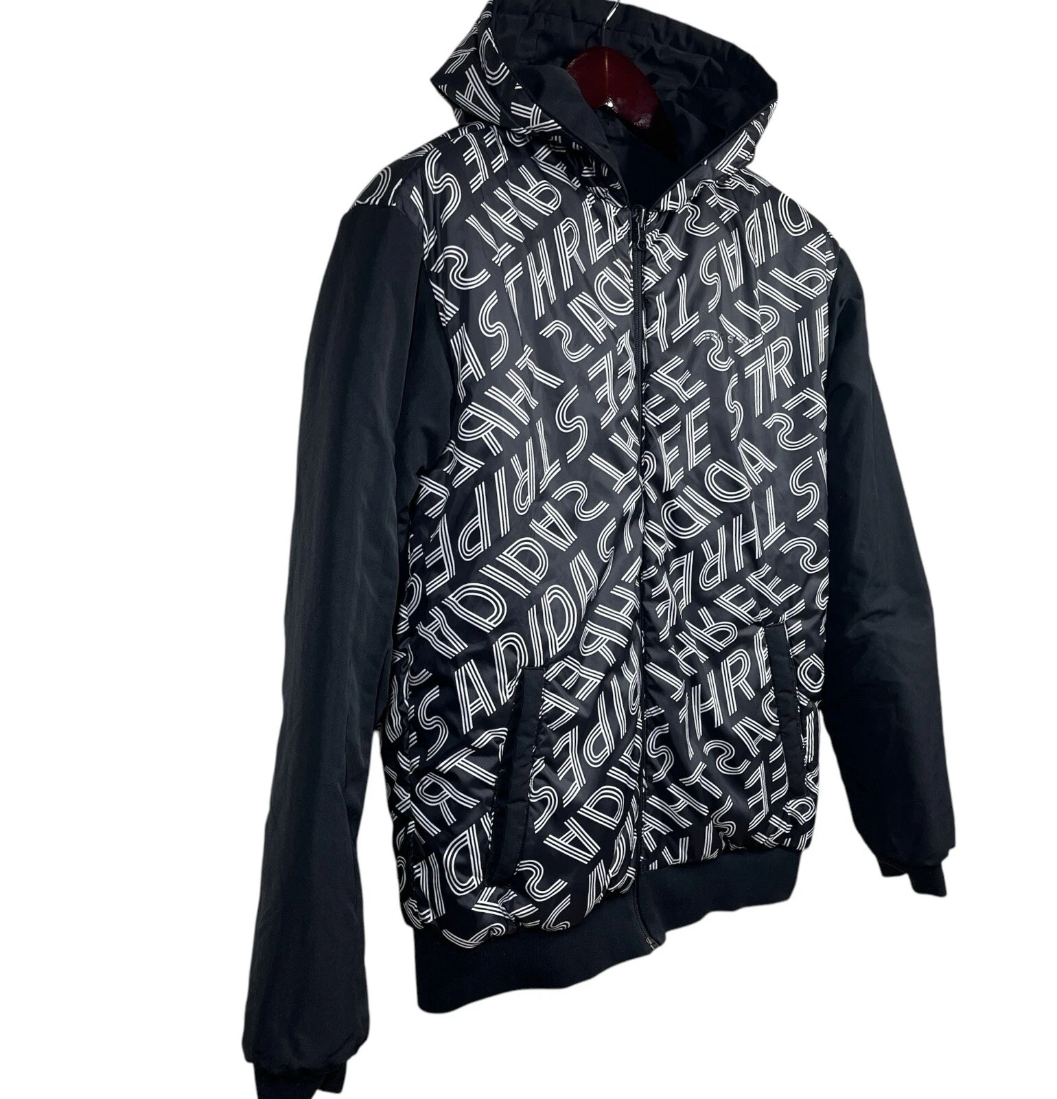 Adidas Neo Reversible Puffer Hoodie Jacket Medium Black Logo Graphic Print - product detail image 7