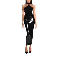 Sexy Backless Patent Leather Maxi Dress Bodycon Slim Halter Neck Long Dresses